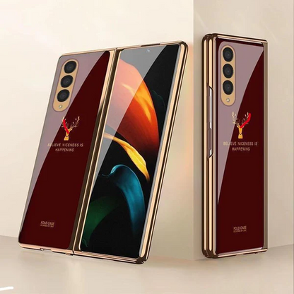 Samsung Galaxy Z Fold 4 Deer Pattern Glass Case - Wine