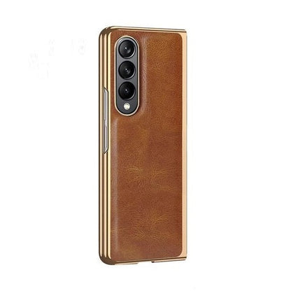 Samsung Galaxy Z Fold 4 Gold Plated Leather Case With Front Glass - Brown