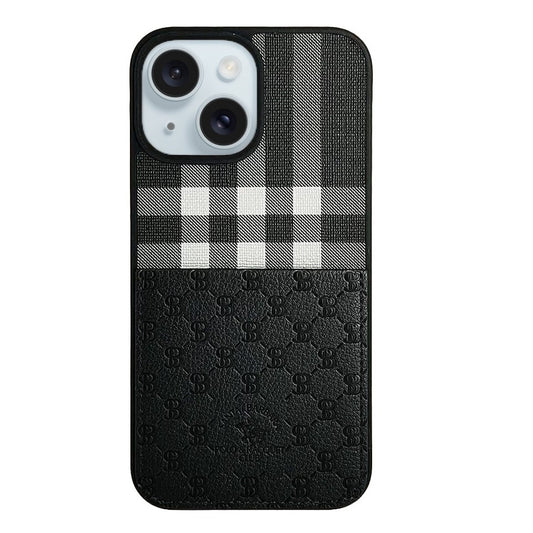 iPhone 15 Plus Plaid Series Santa Barbara Genuine Leather Case - Black