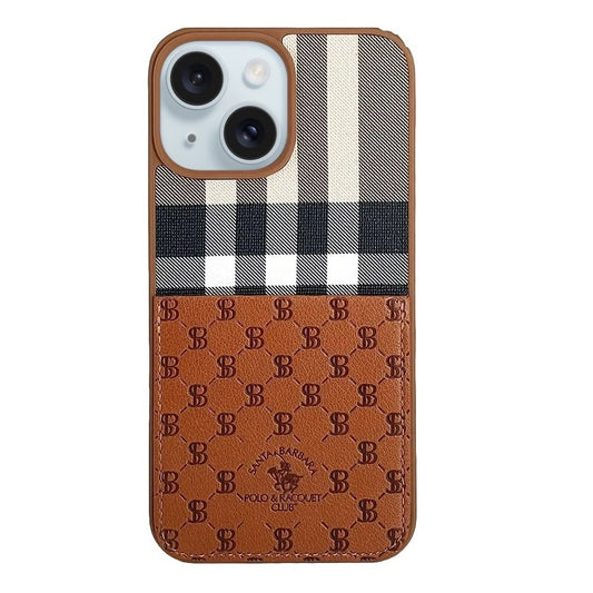 iPhone 15 Plus Plaid Series Santa Barbara Genuine Leather Case - Brown