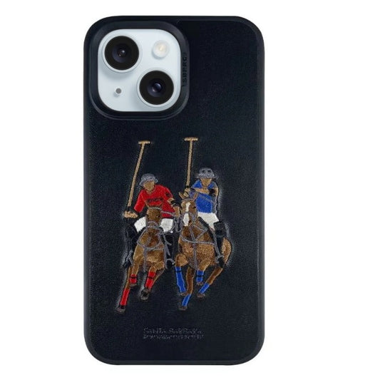 iPhone 15 Plus Polo Jockey Series Santa Barbara Genuine Leather Case - Black