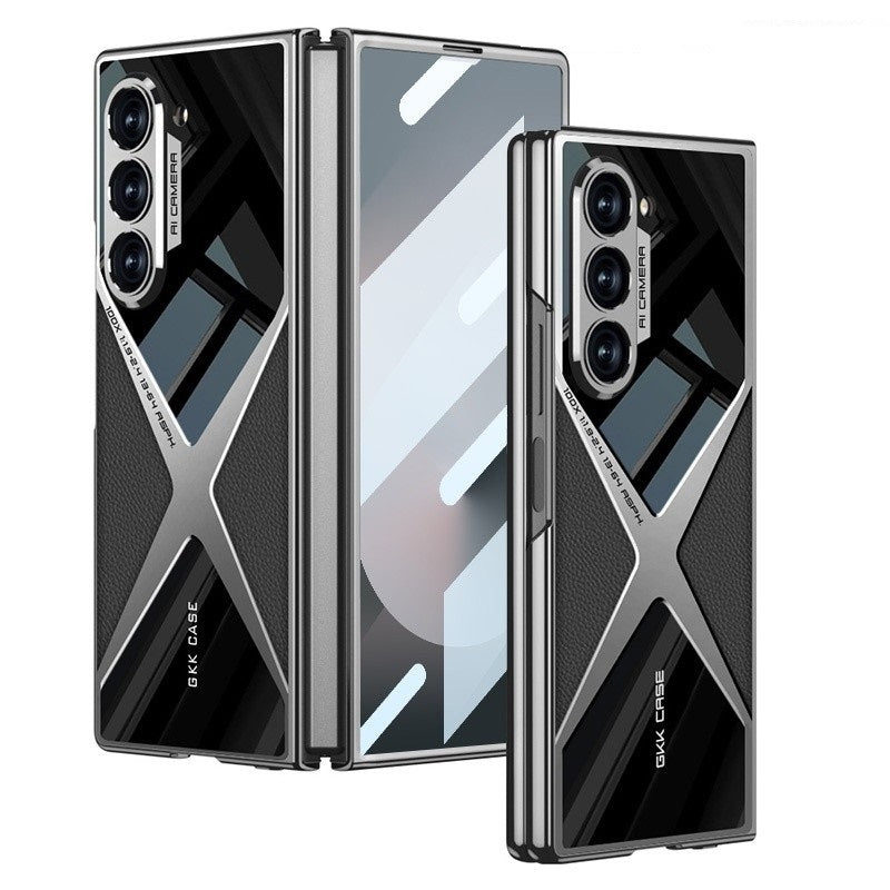 Samsung Galaxy Z Fold 6 Gkk Original X Pattern Leather & Glass Back Cover with Front Glass - Black