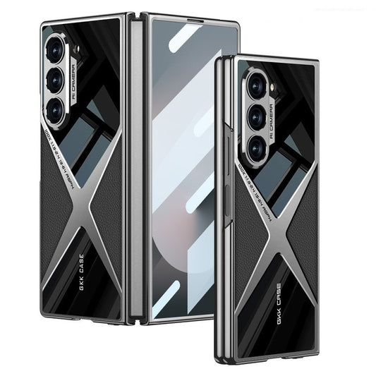 Samsung Galaxy Z Fold 6 Gkk Original X Pattern Leather & Glass Back Cover with Front Glass - Black