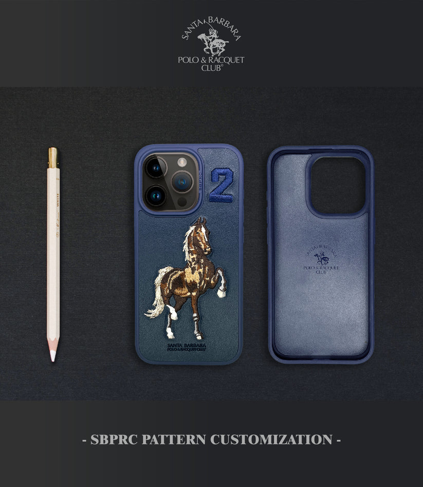 iPhone 15 Pro Santa Barbara Embroided Boris Horse Leather Back Case - Blue