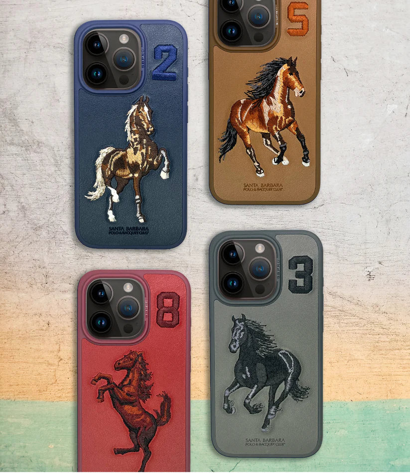 iPhone 15 Pro Santa Barbara Embroided Boris Horse Leather Back Case - Blue