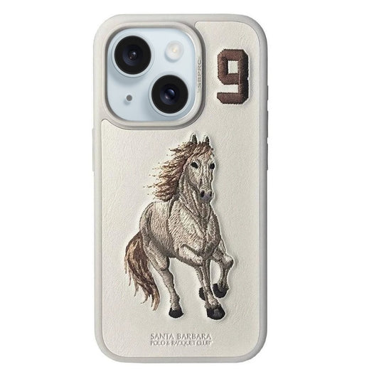 iPhone 15 Plus Boris Hourse Series Santa Barbara Genuine Leather Case - White