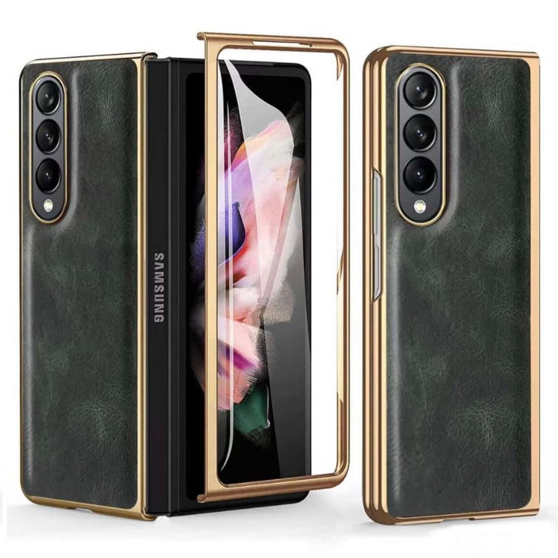 Samsung Galaxy Z Fold 4 Gold Plated Leather Case With Front Glass - Green