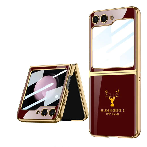 Samsung Galaxy Z Flip 5 Deer Pattern Glass Case-Dark Brwn