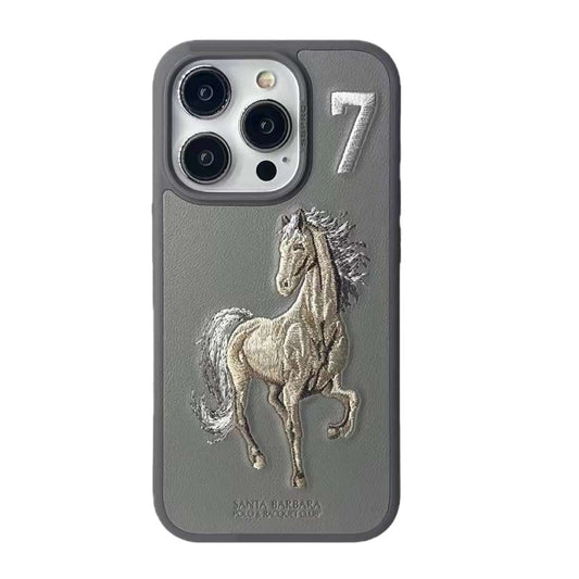 iPhone 15 Pro Santa Barbara Embroided Boris Horse Leather Back Case - Titanium