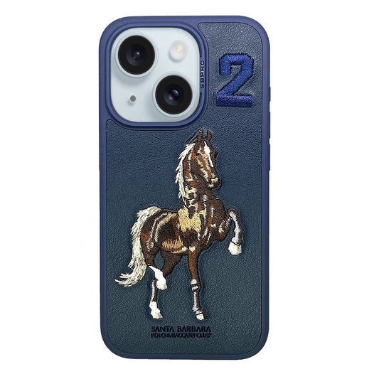 iPhone 15 Plus Boris Hourse Series Santa Barbara Genuine Leather Case - Blue