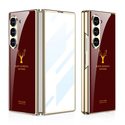 Samsung Galaxy Z Fold 6 Luxury Gold Plating Deer Glass Case with Font Glass - Red