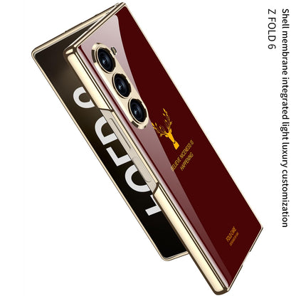 Samsung Galaxy Z Fold 6 Luxury Gold Plating Deer Glass Case with Font Glass - Red