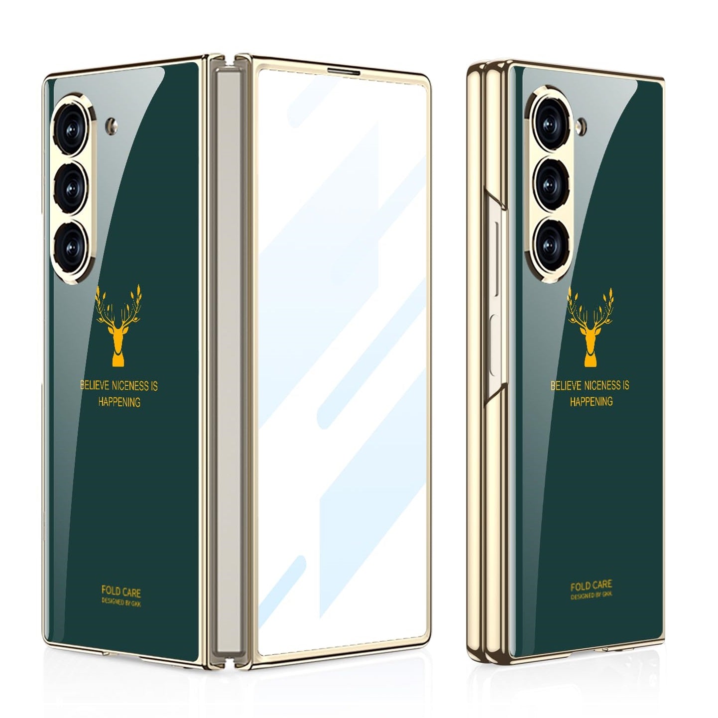 Samsung Galaxy Z Fold 6 Luxury Gold Plating Deer Glass Case with Font Glass - Green