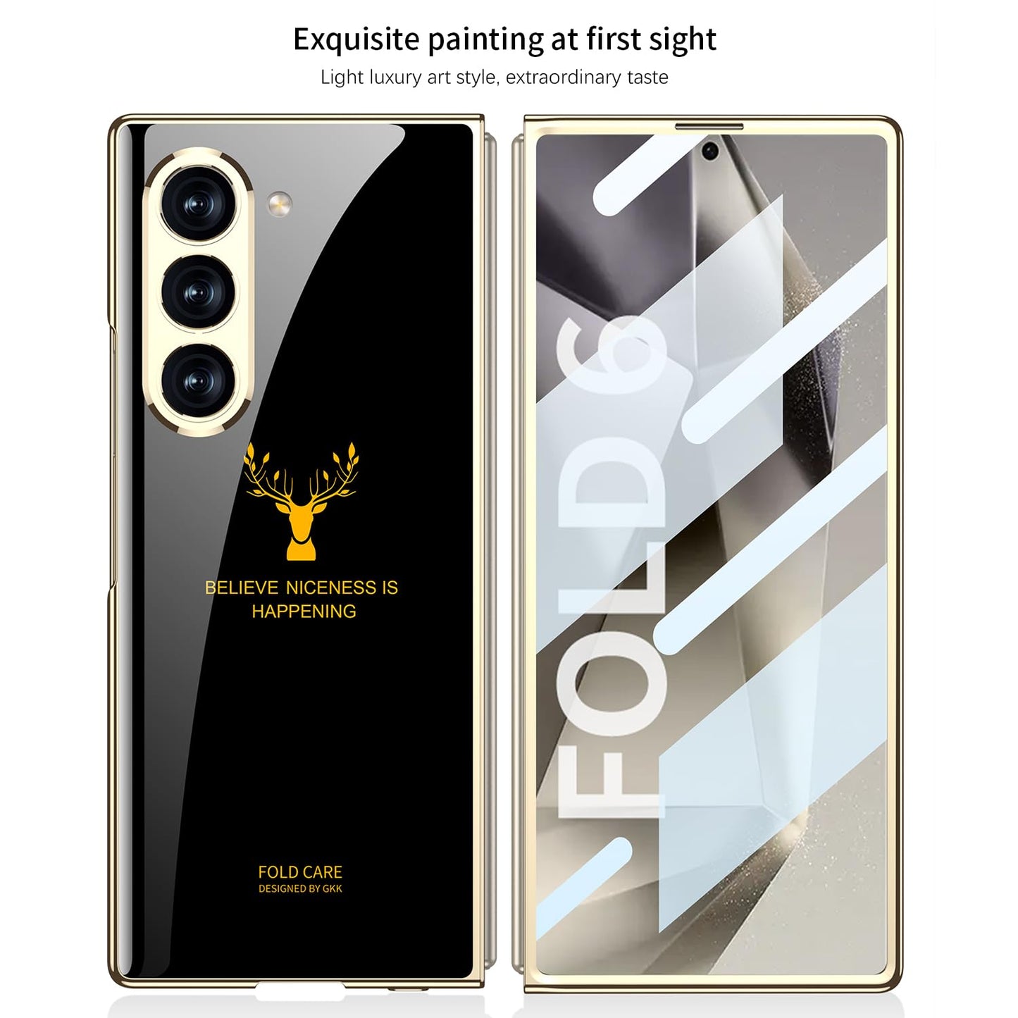 Samsung Galaxy Z Fold 6 Luxury Gold Plating Deer Glass Case with Font Glass - Black