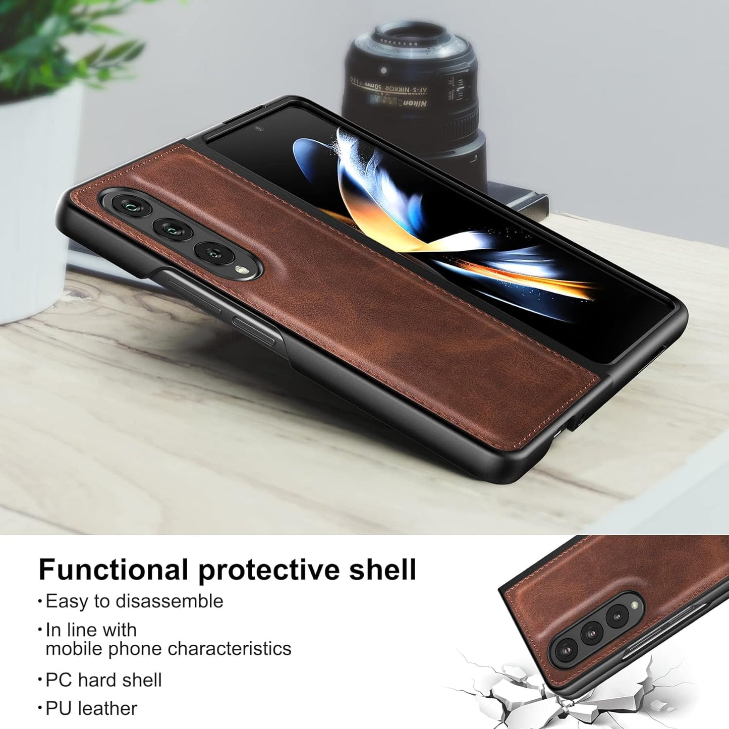 Samsung Galaxy Z Fold 4 Leather Case Simple Sleek Protection - Brown