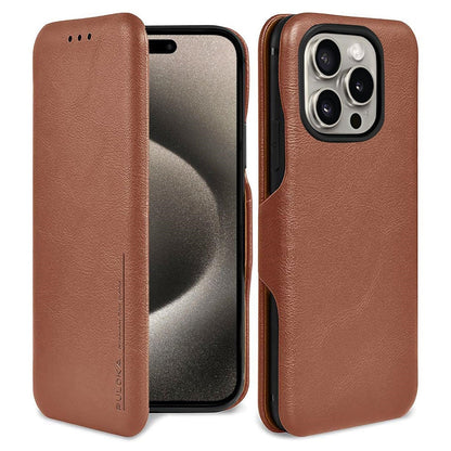 iPhone 15 Pro Leather Flip Cover Wallet Cover - Brown