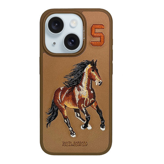 iPhone 15 Plus Boris Hourse Series Santa Barbara Genuine Leather Case - Brown