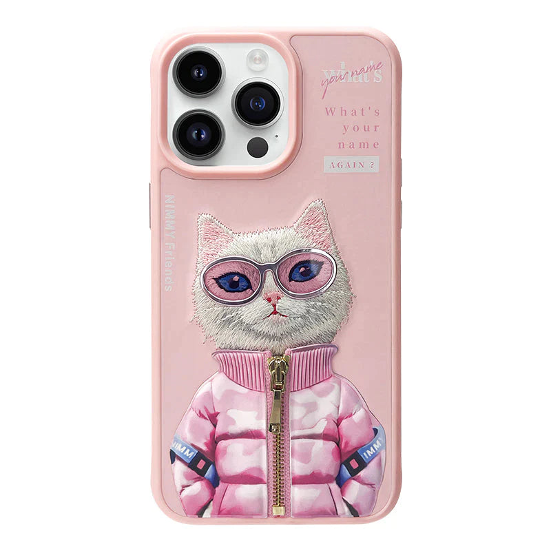 iPhone 15 Pro Nimmy 3D Cool & Cute Embroidery Jacket Series Case Cover - Cat Pink