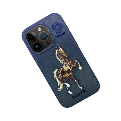 iPhone 15 Pro Santa Barbara Embroided Boris Horse Leather Back Case - Blue