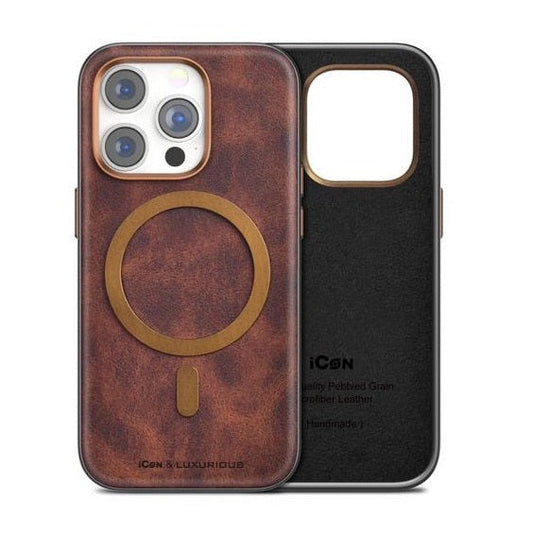 iPhone 14 Icon Leather Case with Metal MagSafe Ring - Brown