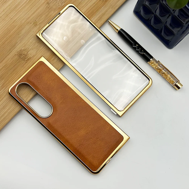 Samsung Galaxy Z Fold 4 Gold Plated Leather Case With Front Glass - Brown