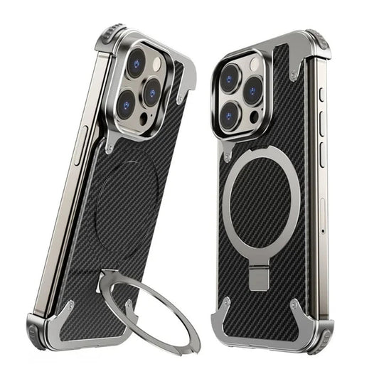 iPhone 15 Pro Metal Rimless Carbon Fibre Magnetic Impact Resistance Casing with Stand - Titanium