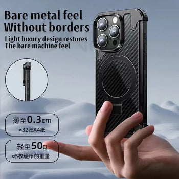 iPhone 15 Pro Metal Rimless Carbon Fibre Magnetic Impact Resistance Casing with Stand - Black