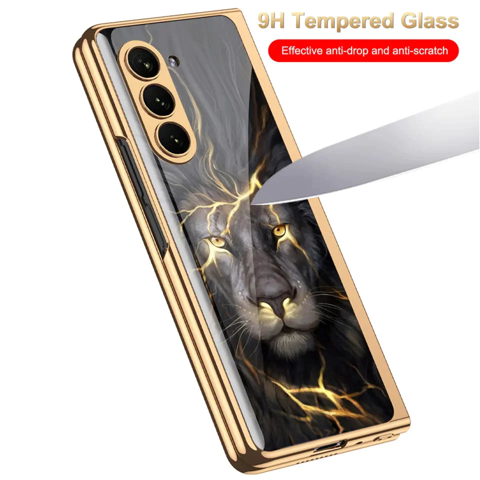 Samsung Galaxy Z Fold 6 Luxury Gold Plating Lion Glass Case with Font Glass - Black