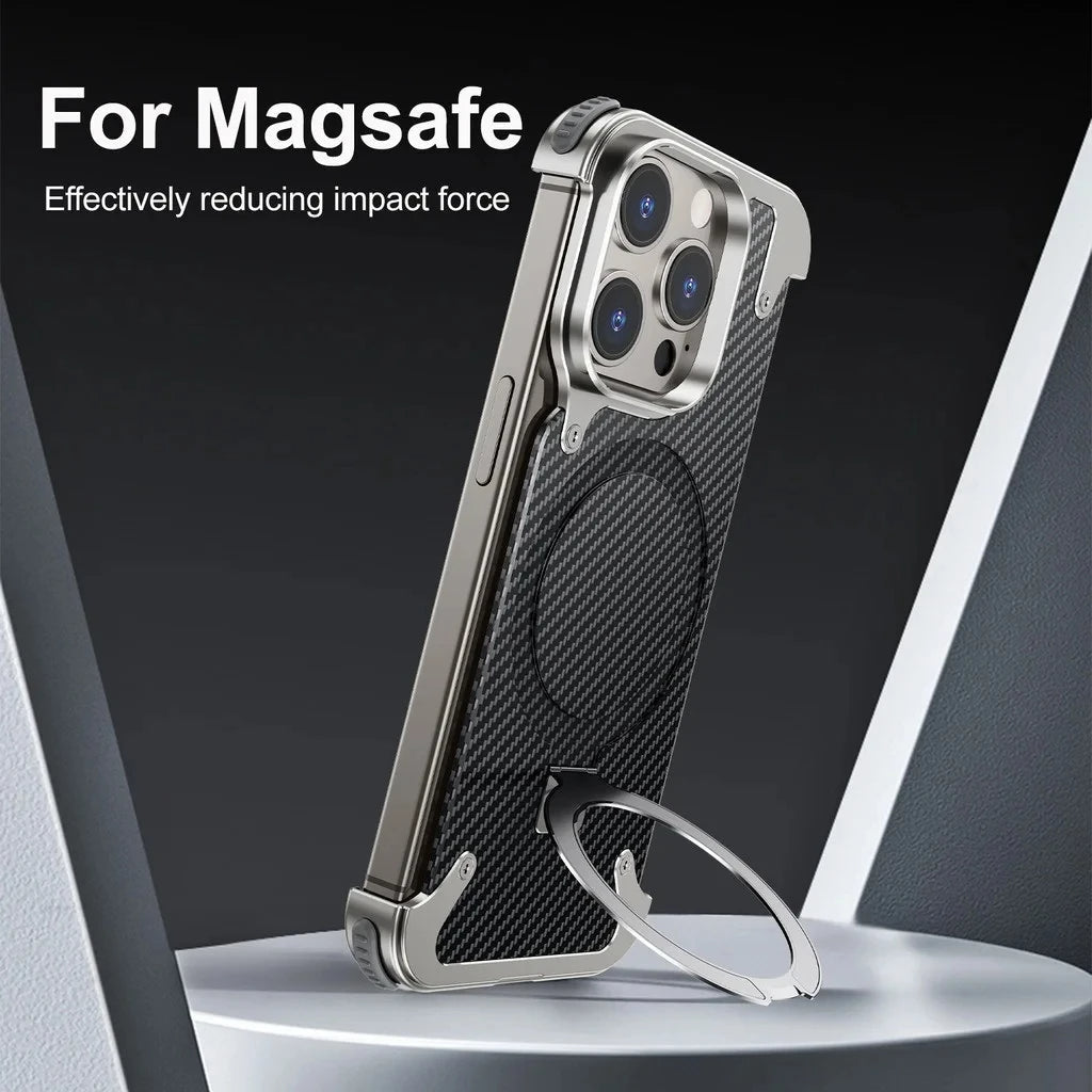 iPhone 15 Pro Metal Rimless Carbon Fibre Magnetic Impact Resistance Casing with Stand - Black