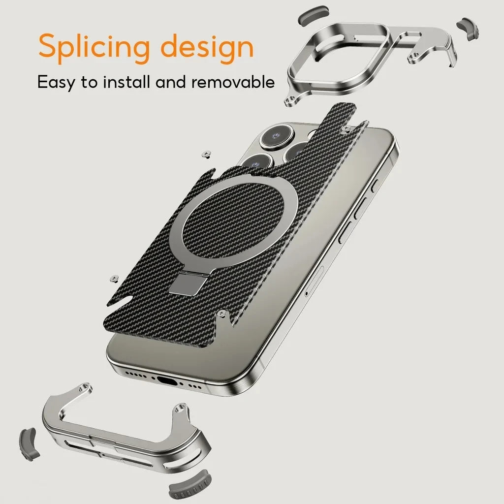 iPhone 15 Pro Metal Rimless Carbon Fibre Magnetic Impact Resistance Casing with Stand - Black