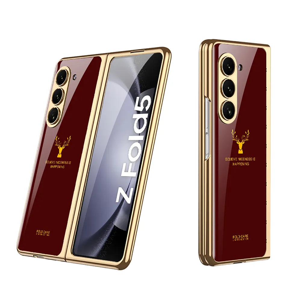 Samsung Galaxy Z Fold 5 Deer Pattern Glass Case - Wine