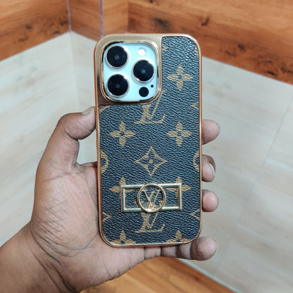 iPhone 14 Pro Louis Vuitton LV Leather Case with Electroplating & Cloth Inside - Brown