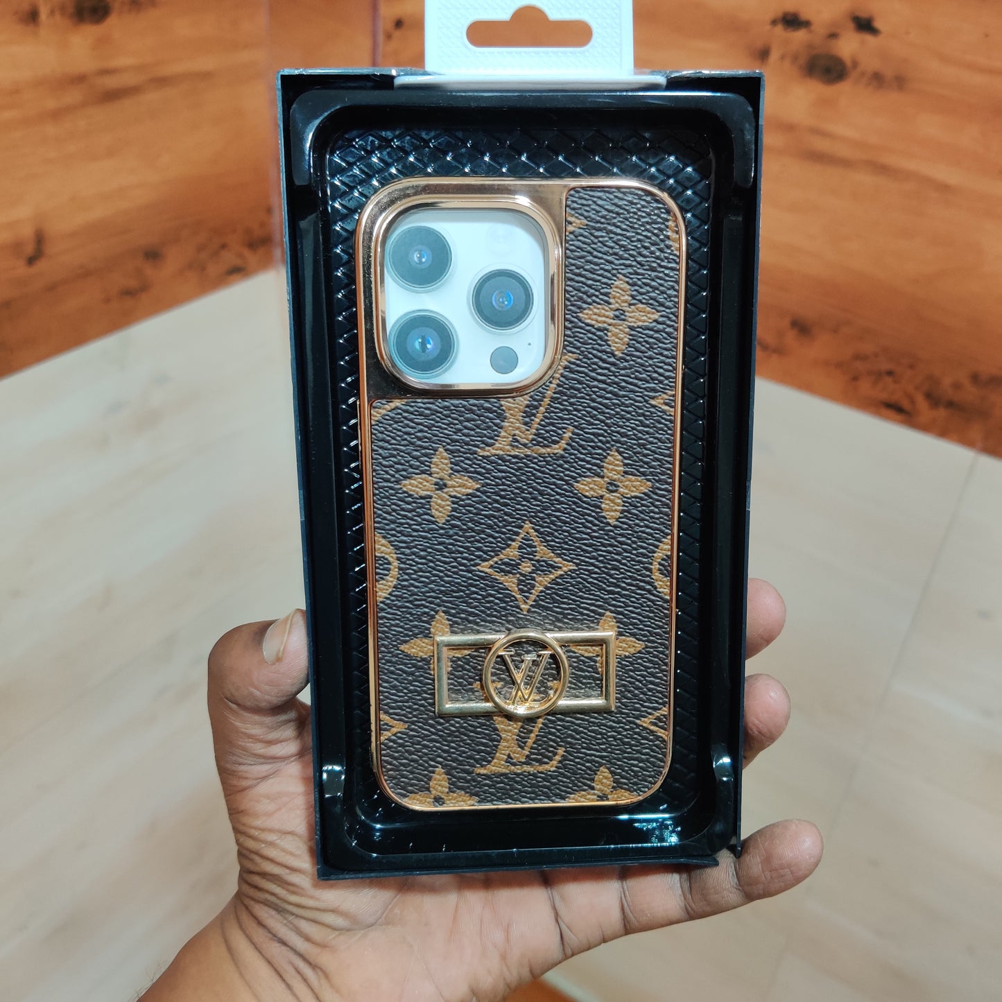 iPhone 14 Pro Louis Vuitton LV Leather Case with Electroplating & Cloth Inside - Brown