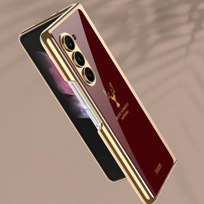 Samsung Galaxy Z Fold 5 Deer Pattern Glass Case - Wine