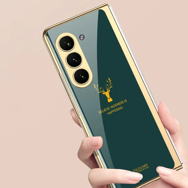 Samsung Galaxy Z Fold 6 Luxury Gold Plating Deer Glass Case with Font Glass - Green