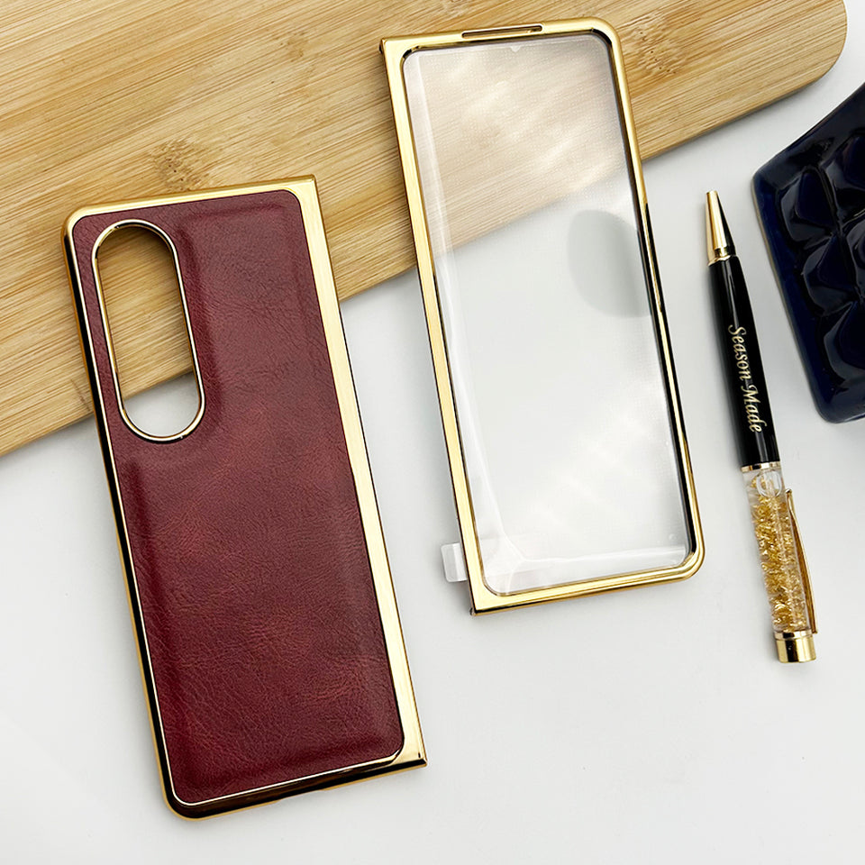 Samsung Galaxy Z Fold 4 Gold Plated Leather Case With Front Glass - Red