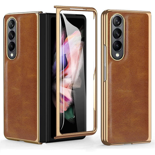 Samsung Galaxy Z Fold 4 Gold Plated Leather Case With Front Glass - Brown