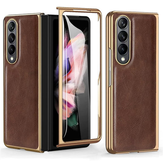 Samsung Galaxy Z Fold 4 Gold Plated Leather Case With Front Glass - Dark Brown