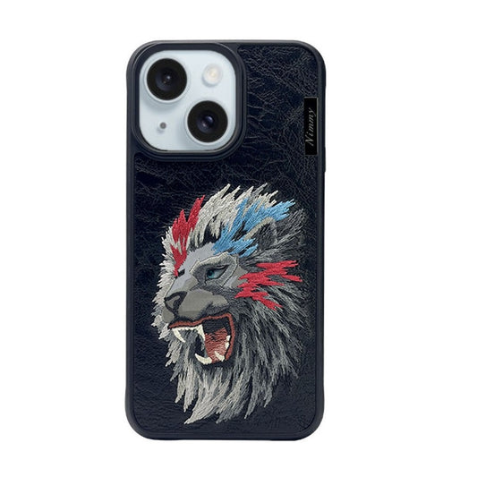 iPhone 15 Nimmy Embroidery Leather Shockproof Dazzling Series - Lion