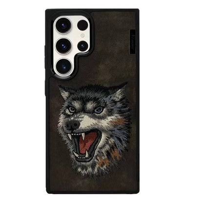 Samsung Galaxy S24 Ultra Nimmy Embroidery Leather Back Cover Case - Wolf