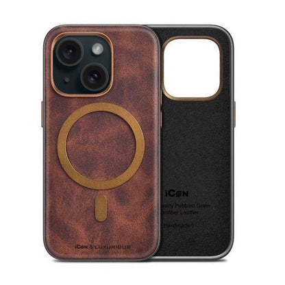 iPhone 15 Plus Icon Leather Case with Metal MagSafe Ring - Brown