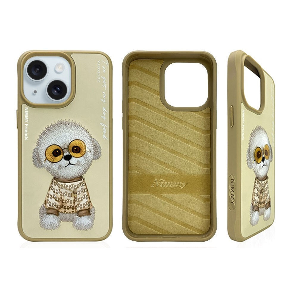 iPhone 15 Plus Nimmy Embroidery Leather Shockproof Case - Gold