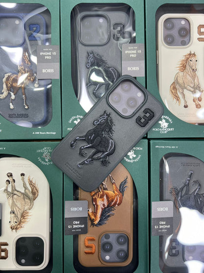 iPhone 15 Pro Santa Barbara Boris Horse Leather Back Cover Case - Gray