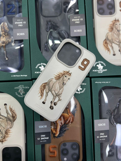 iPhone 15 Pro Santa Barbara Embroided Boris Horse Leather Back Case - White