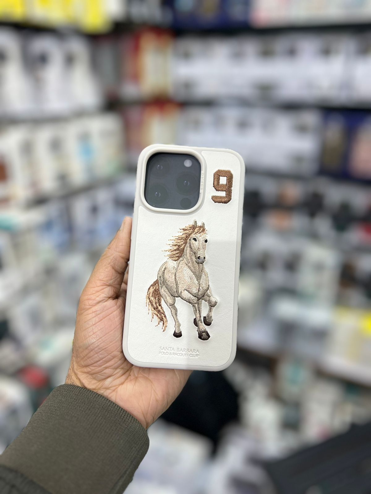 iPhone 15 Pro Santa Barbara Embroided Boris Horse Leather Back Case - White