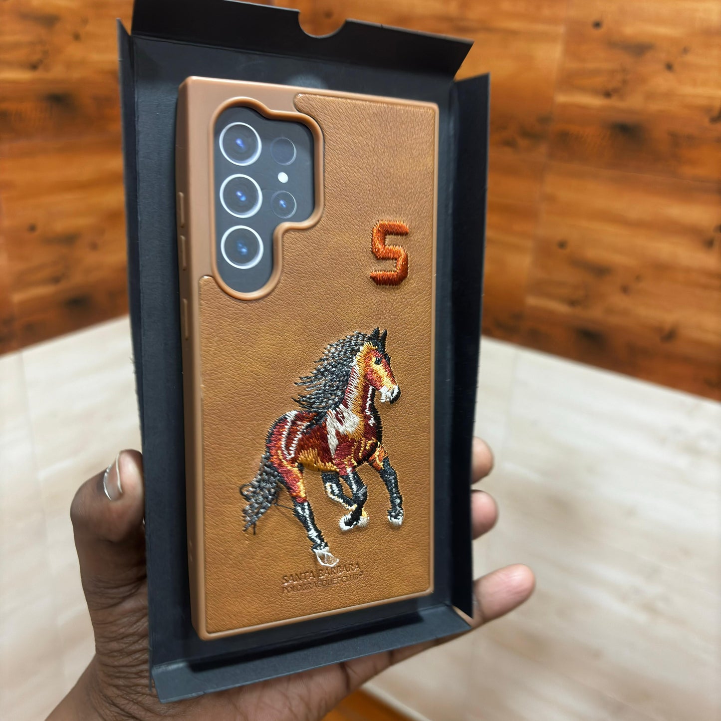 Samsung Galaxy S23 Ultra Horse Embroidery PU Leather Case with Cloth Inside - Brown