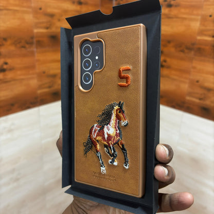 Samsung Galaxy S23 Ultra Horse Embroidery PU Leather Case with Cloth Inside - Brown