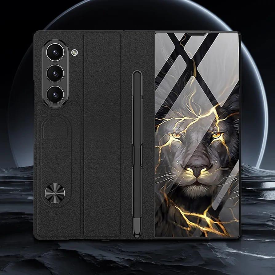 Samsung Galaxy Z Fold 6 Lion Pattern Gkk Original Glass Flip Lion Case - Black