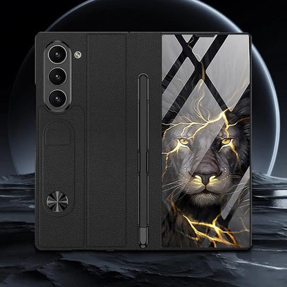 Samsung Galaxy Z Fold 6 Lion Pattern Gkk Original Glass Flip Lion Case - Black