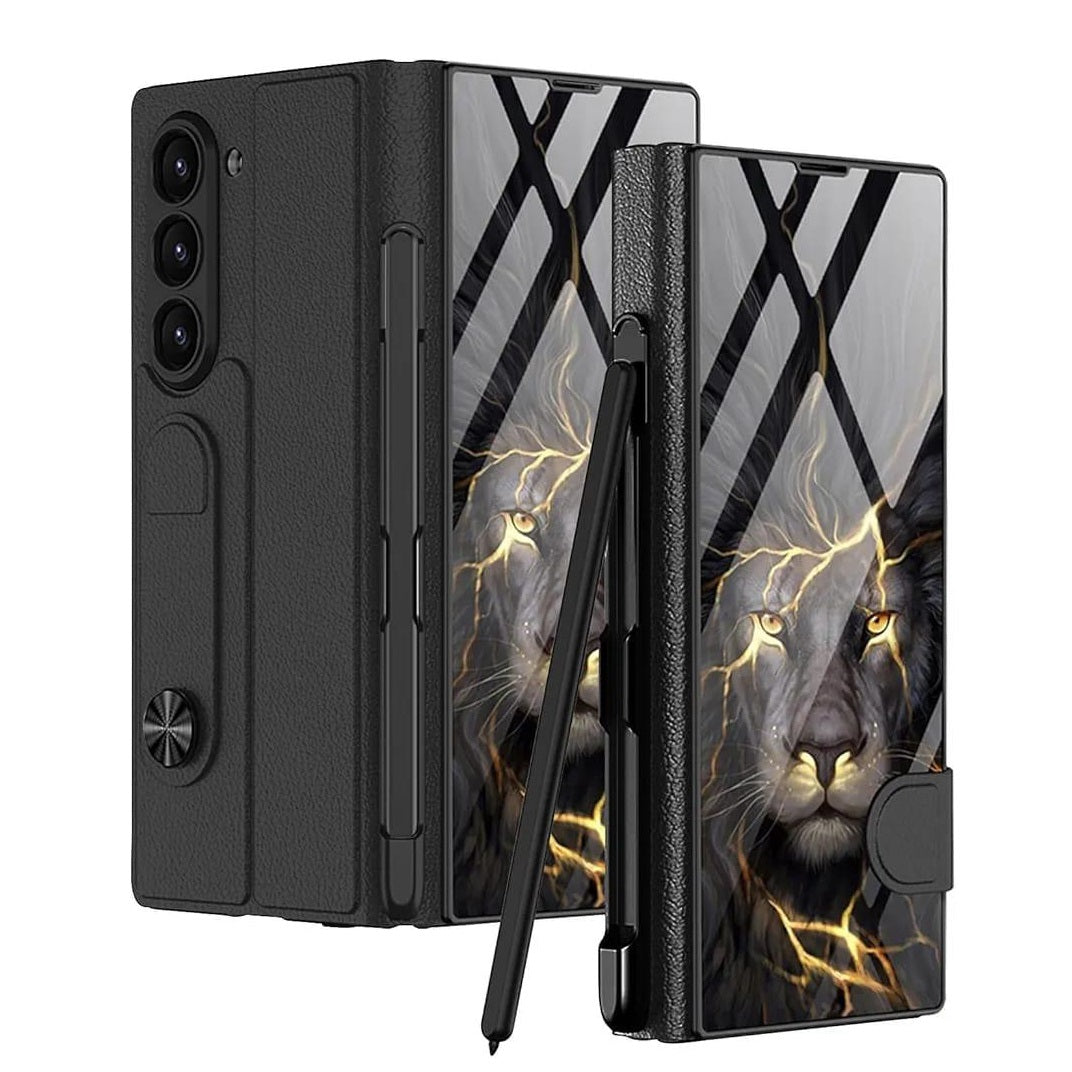 Samsung Galaxy Z Fold 6 Lion Pattern Gkk Original Glass Flip Lion Case - Black